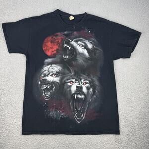 Three Wolves Shirt Mens Large Black Red Moon Graphic Tee T-Shirt Horror Gothic